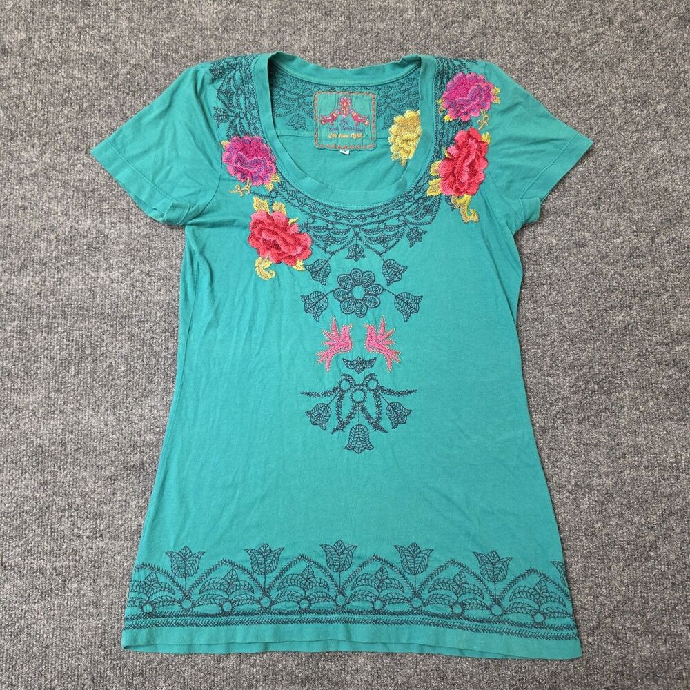 Johnny Was Teal Green Embroidered Round Neck Short Sleeve Gauze Blouse Womens S